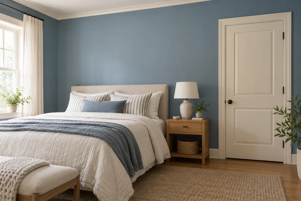 Blue bedroom walls beside a cream door and white ceiling