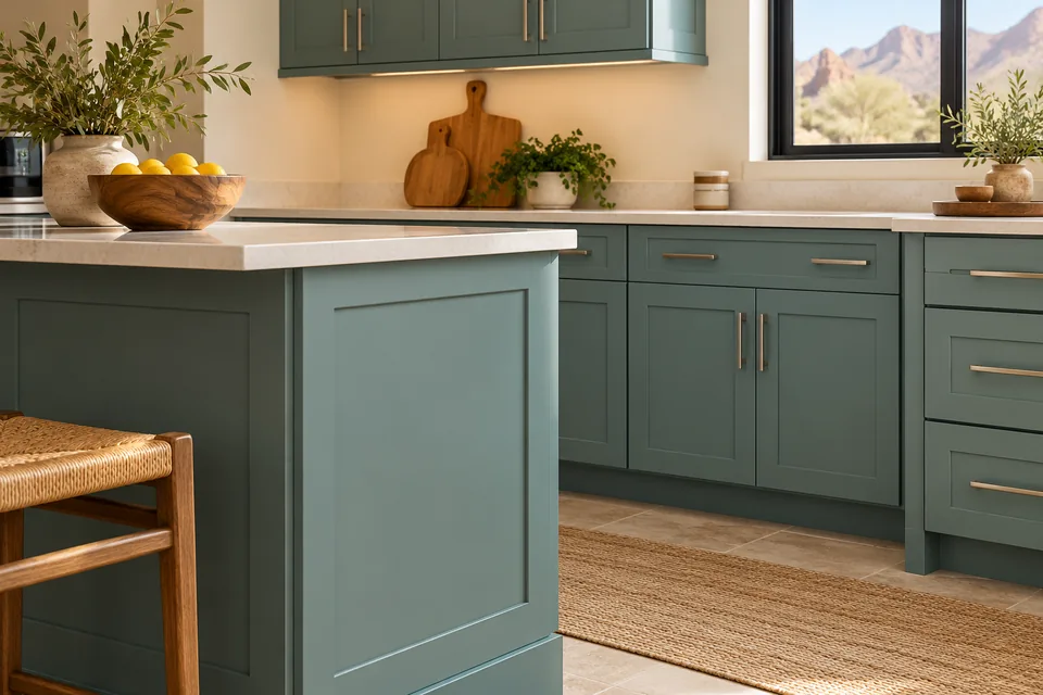 Muted teal painted kitchen cabinets with matching finished end panels