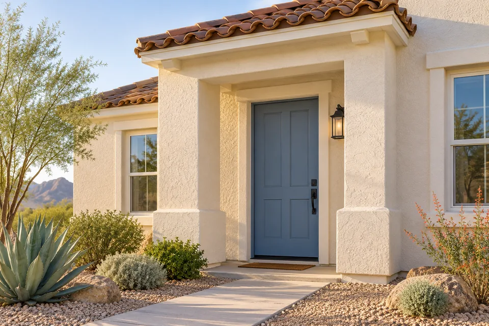 Cream stucco house with a blue entry door and desert planting