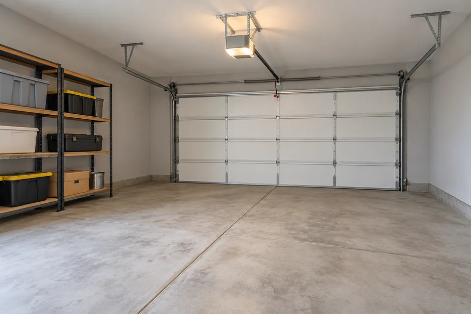 Garage with gray painted walls and an uncoated concrete floor