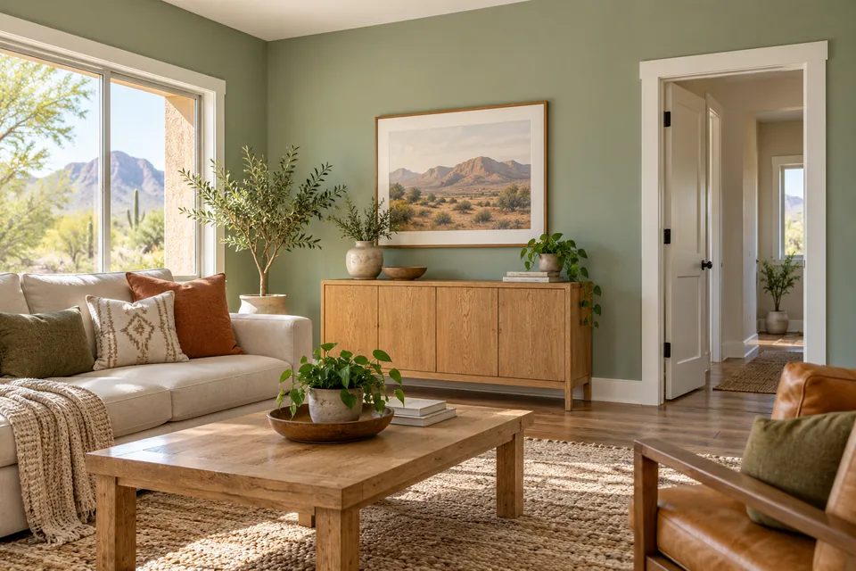 Sage painted living room with white trim and oak furniture