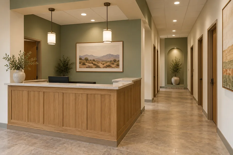 Empty office reception area with cream and sage walls