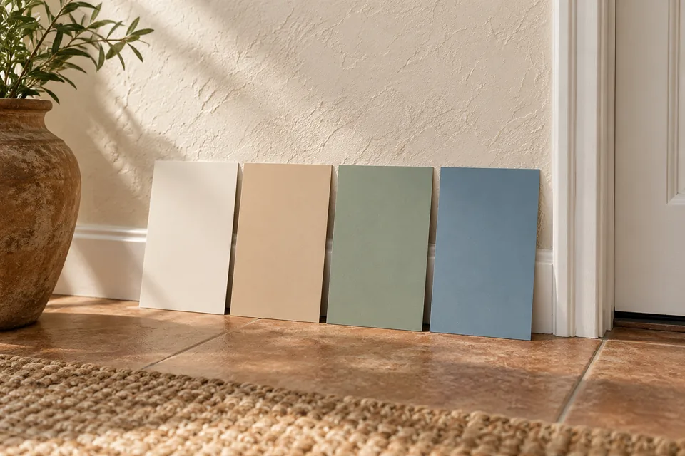 Four paint color samples against a textured wall