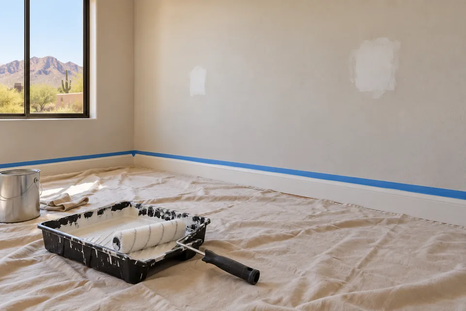 Empty room with floor protection and prepared wall patches