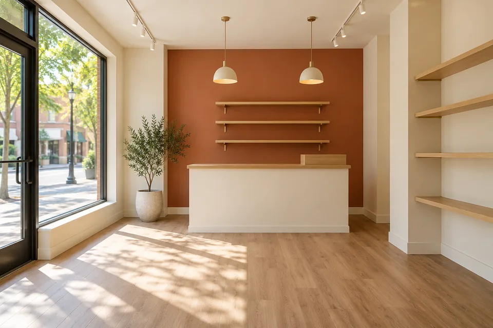 Small empty shop with a terracotta feature wall and pale wood shelves