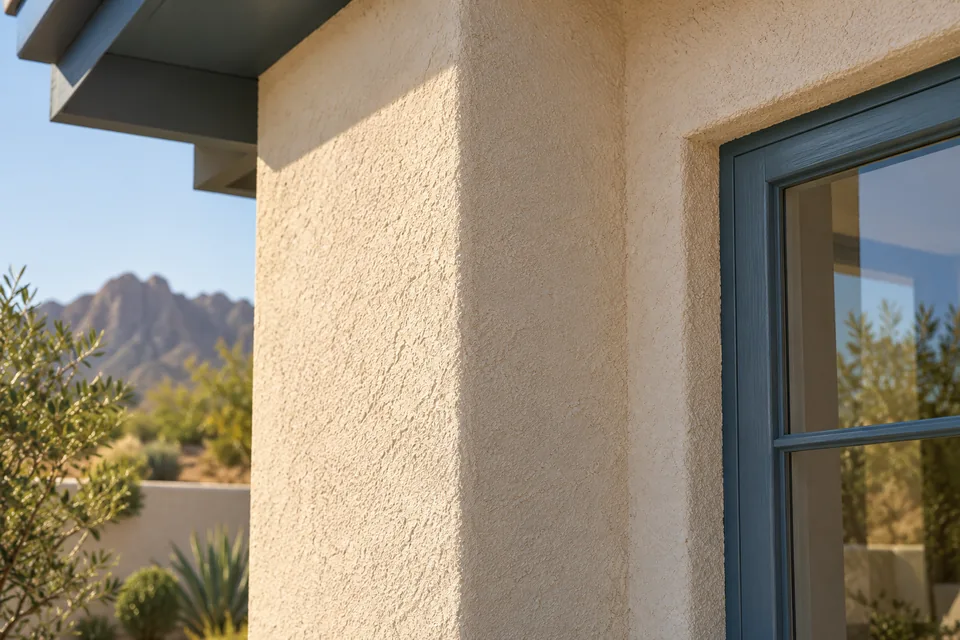 Textured cream stucco beside a blue window frame