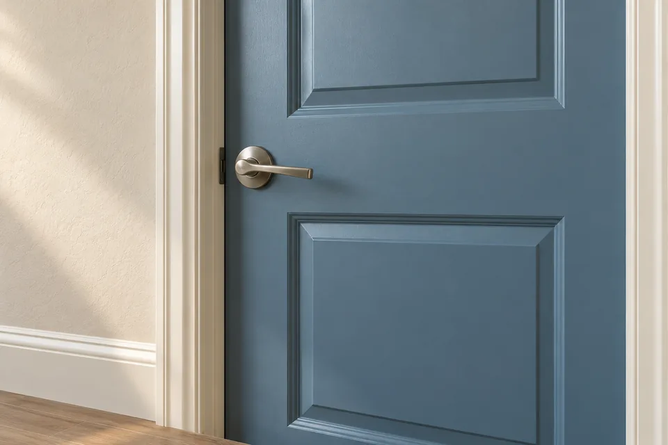 Blue painted door beside cream trim